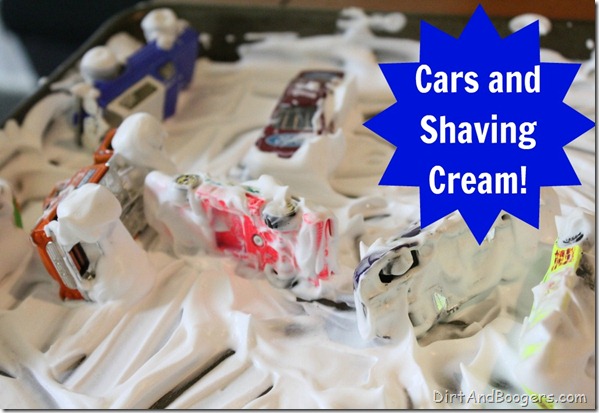 Cars, shaving cream, messy play