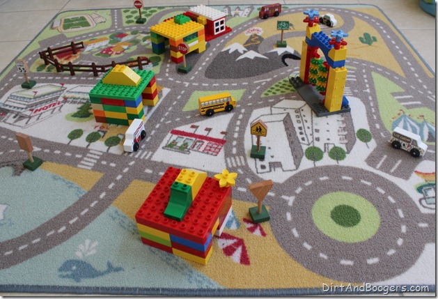 Duplo houses, cars, and roads