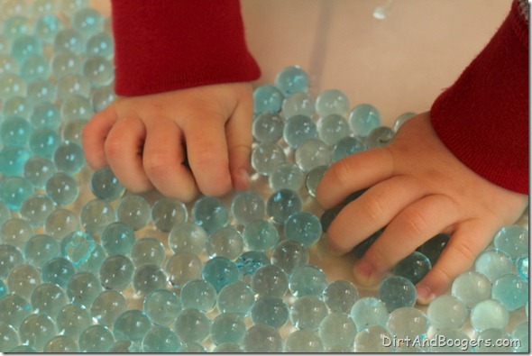 water beads, glass gems, sensory play