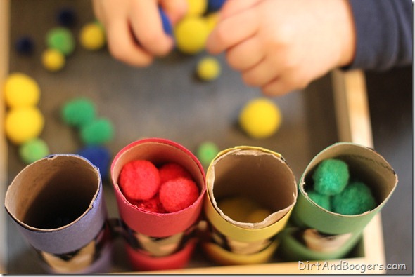 pom pom, preschool play, color sort