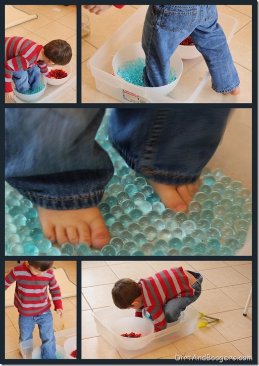 water beads, glass gems, sensory play